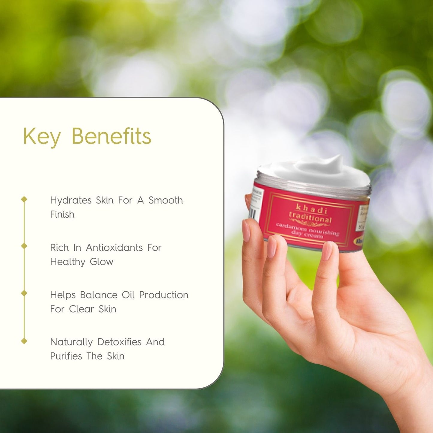 Khadi Traditional Moisturizer Day Nourshing Cream for Dry Skin, Intense Hydration and Softness, Day Moisturizing Cream for Women And Men, Cardamom, Aloe Vera, Castor Oil & Glycerin Extract, 50gm
