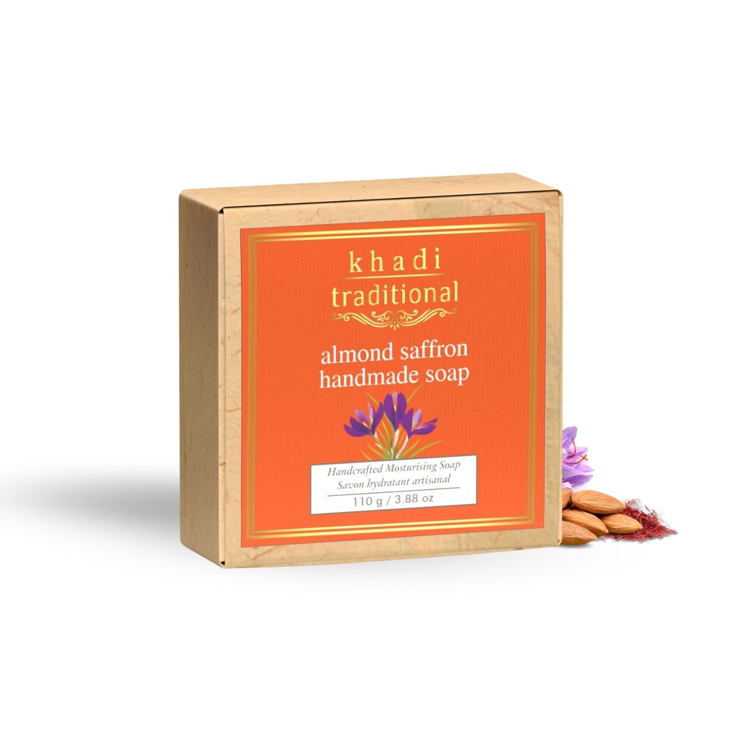 Khadi Traditional Almond and Saffron Handmade Soap | Herbal Bathing Soap for Hydrated Skin | Natural Soap with Essential Oils | Suitable for All Skin Types (110 gm)